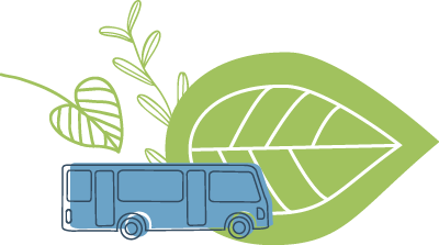 Composition graphique d’un dessin de bus bleu et de 3 feuilles vertes invitant à réserver une balade poney au Mans